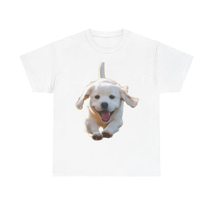 Leaping Puppy Graphic T-Shirt in white, displaying a captivating leaping puppy illustration, a must-have for those who appreciate stylish unisex cotton apparel.