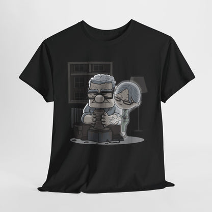 UP Ghost scene Unisex Men Women Graphic Funny T Shirt Tee Urban featuring a charming grayscale cartoon illustration of an elderly couple engaging in pottery, beautifully blending nostalgia with humour.