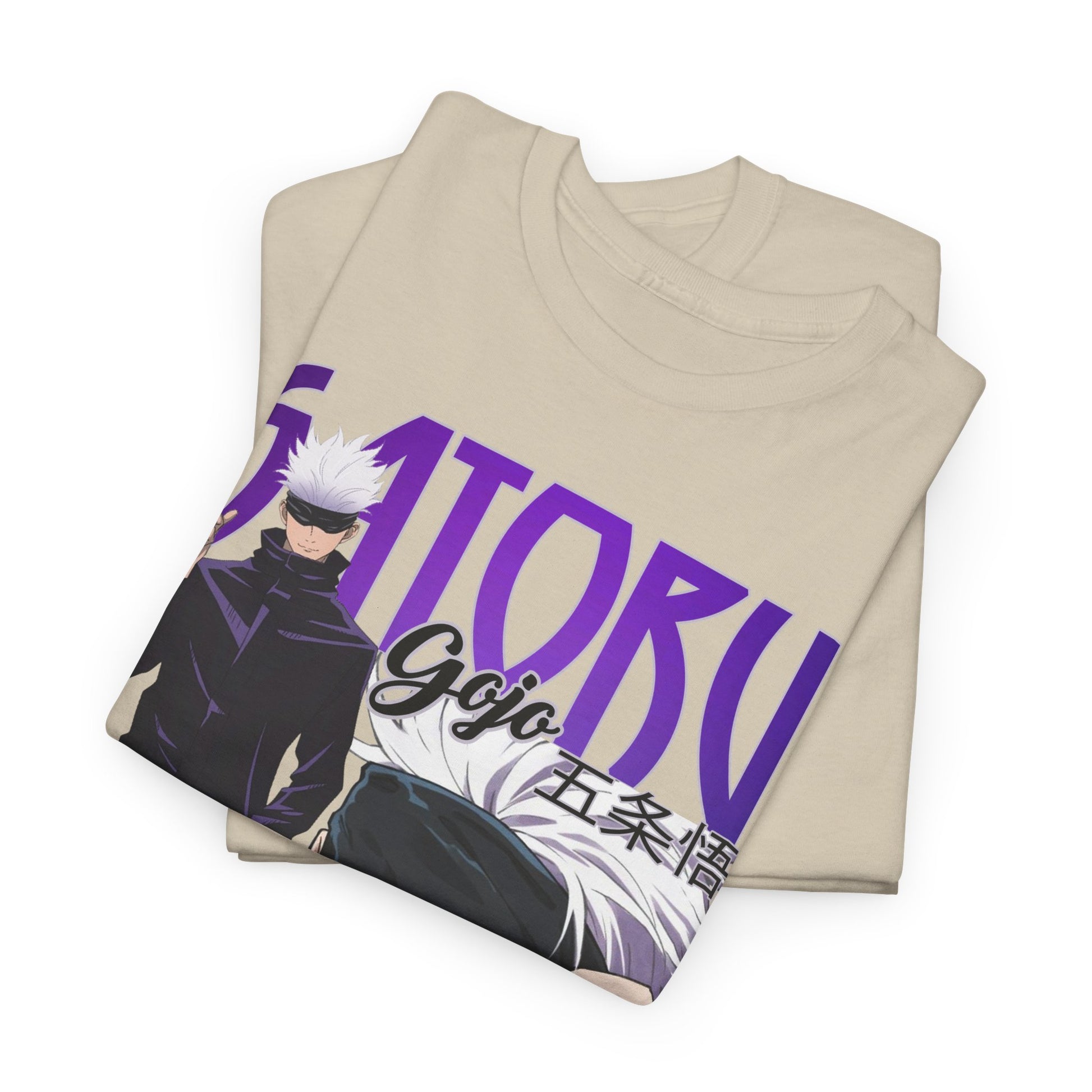 Folded beige t-shirts showcasing the stylish Gojo Satoru design from Jujutsu Kaisen, highlighting the quality fabric and eye-catching artwork perfect for any anime aficionado.
