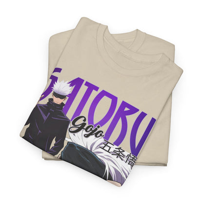 Folded beige t-shirts showcasing the stylish Gojo Satoru design from Jujutsu Kaisen, highlighting the quality fabric and eye-catching artwork perfect for any anime aficionado.