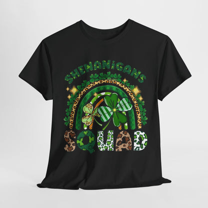 St Patricks Day Unisex Men's Women's Graphic Cotton Funny T Shirt Tee Vintage featuring a vibrant design with 'Shenanigans Squad', shamrocks, and a stylish leopard print. Perfect for celebrating St. Patrick's Day with elegance and flair.