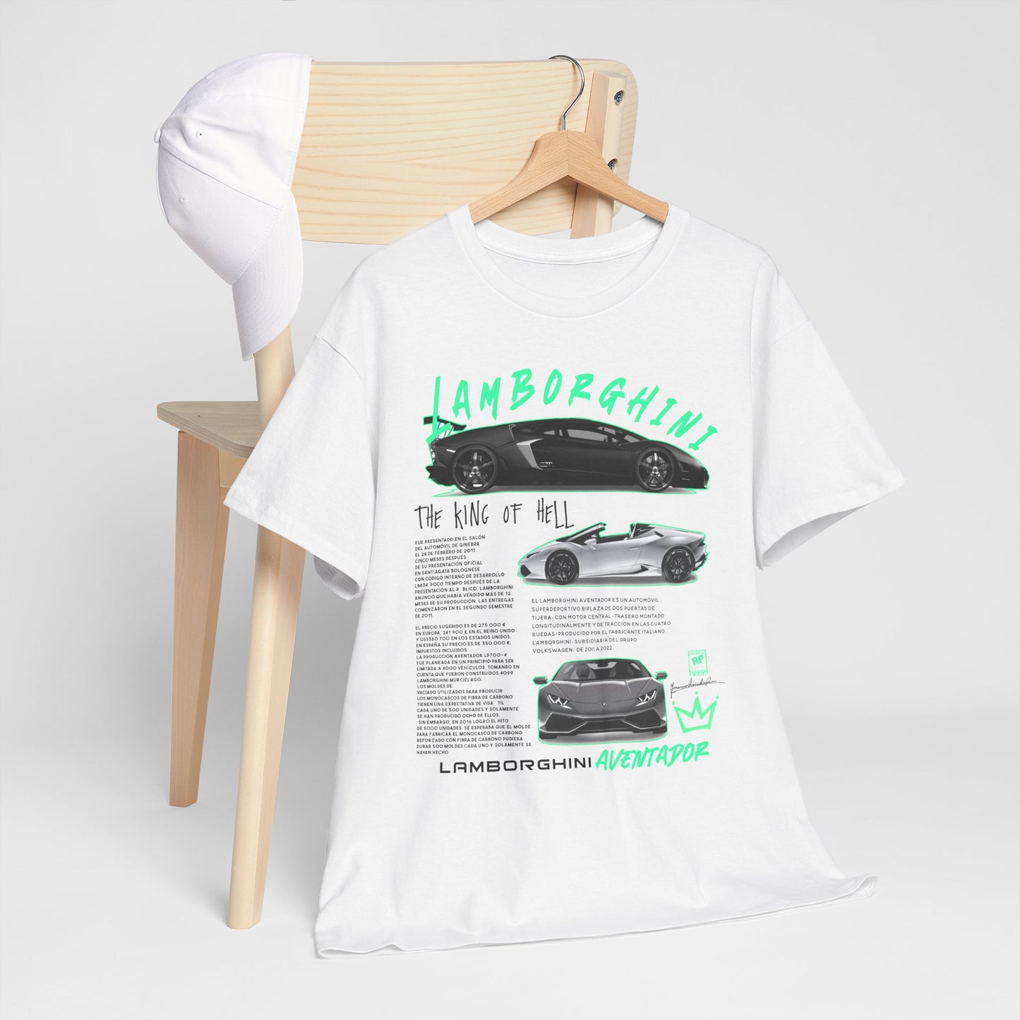 Lamborghini Aventador graphic tee presented on a hanger next to a cap, highlighting its unique style and automotive heritage.