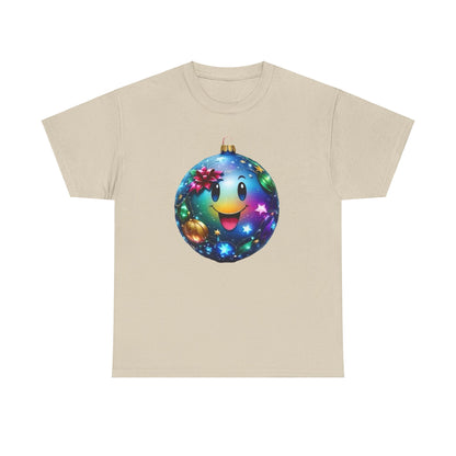 Festive Cheer Christmas Bauble Unisex Cotton T-Shirt Graphic Tee showcasing a striking blue ornament with a playful smile, beautifully designed for the festive season, perfect for casual holiday gatherings.