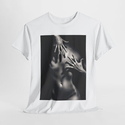Luxurious white graphic t-shirt featuring an artistic monochrome image of an abstract human form with hands delicately positioned, evoking intrigue and creativity.