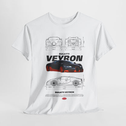 Elegantly displayed T-Shirt featuring the iconic Bugatti Veyron Design, highlighting technical drawings and luxury specifications for car aficionados.