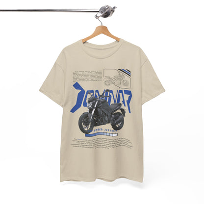 Elegant T-shirt hanging with artwork of the Dominar 400 motorcycle, combining luxurious comfort and a bold fashion statement for the modern cyclist.