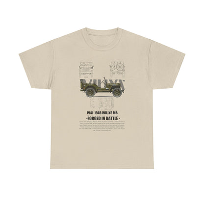 Elegant vintage 1941-1945 Willys MB men's T-shirt in beige, showcasing a rich olive drab jeep illustration combined with unique military-themed artwork for a distinguished look.