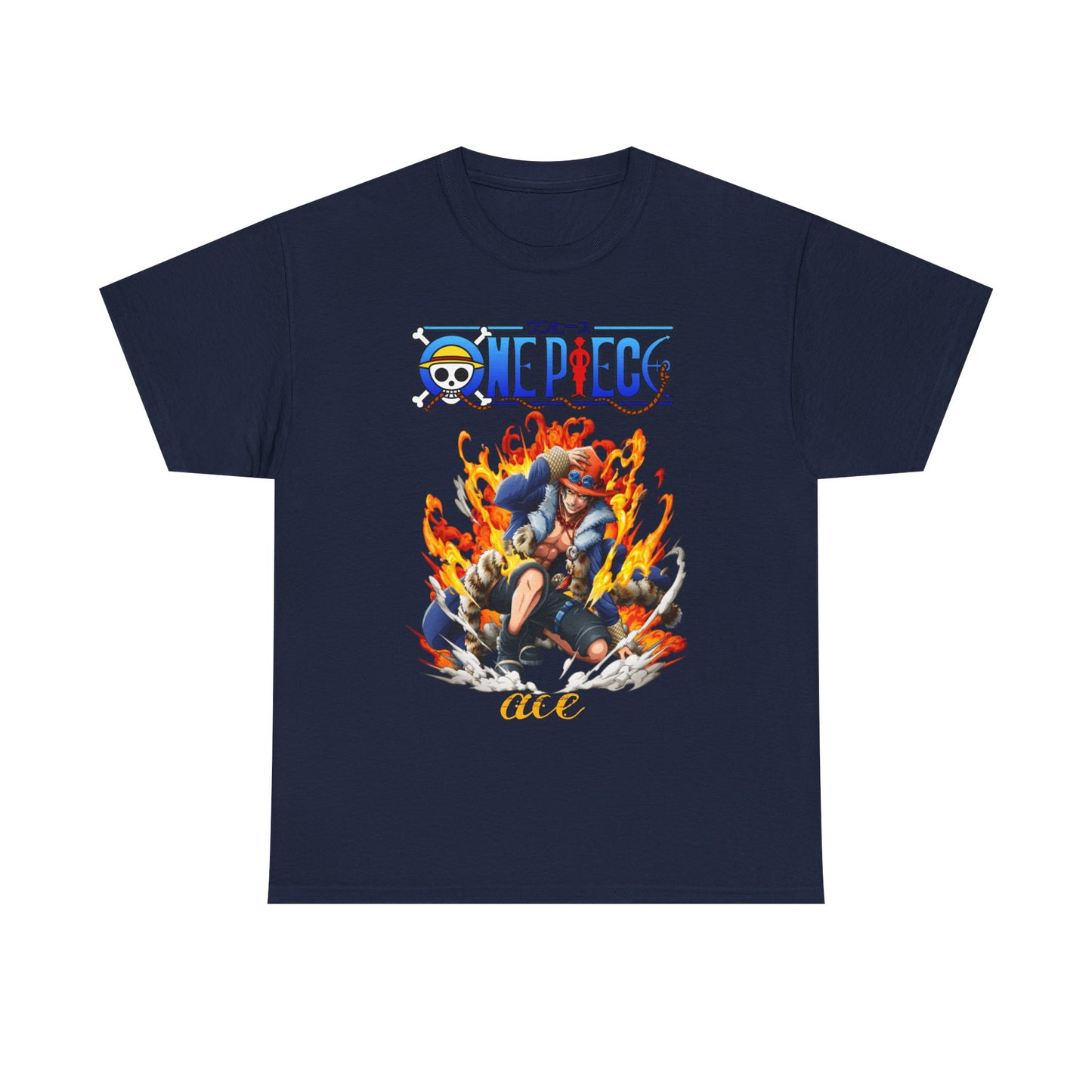 Luxurious navy blue Epic Ace men's T-shirt featuring an exquisite design of Ace from One Piece, surrounded by vibrant flames, ideal for anime enthusiasts.