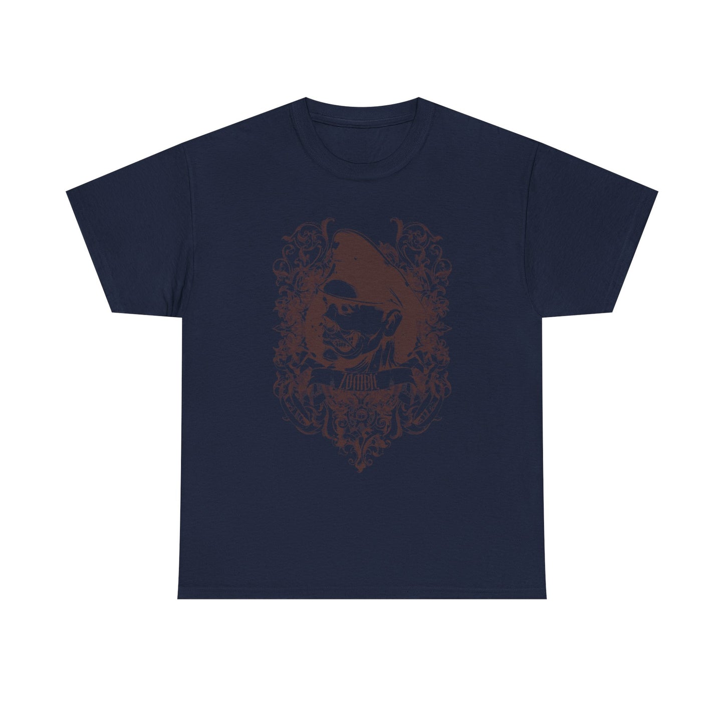 Men's Luxury Zombie Graphic T-Shirt in Navy, showcasing a rich brown Baroque skull design that merges sophistication with a hint of edginess.