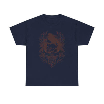 Men's Luxury Zombie Graphic T-Shirt in Navy, showcasing a rich brown Baroque skull design that merges sophistication with a hint of edginess.