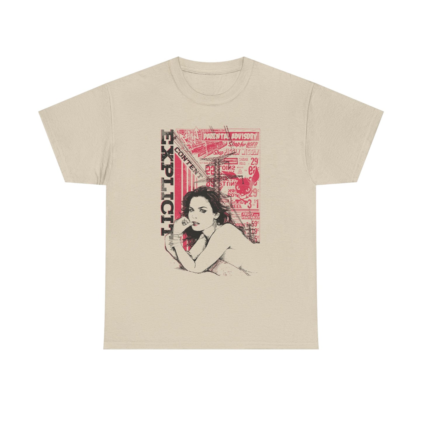 Stylish beige vintage-inspired graphic t-shirt featuring bold 'EXPLICIT' text and a captivating illustration of a woman, perfect for the adventurous spirit.