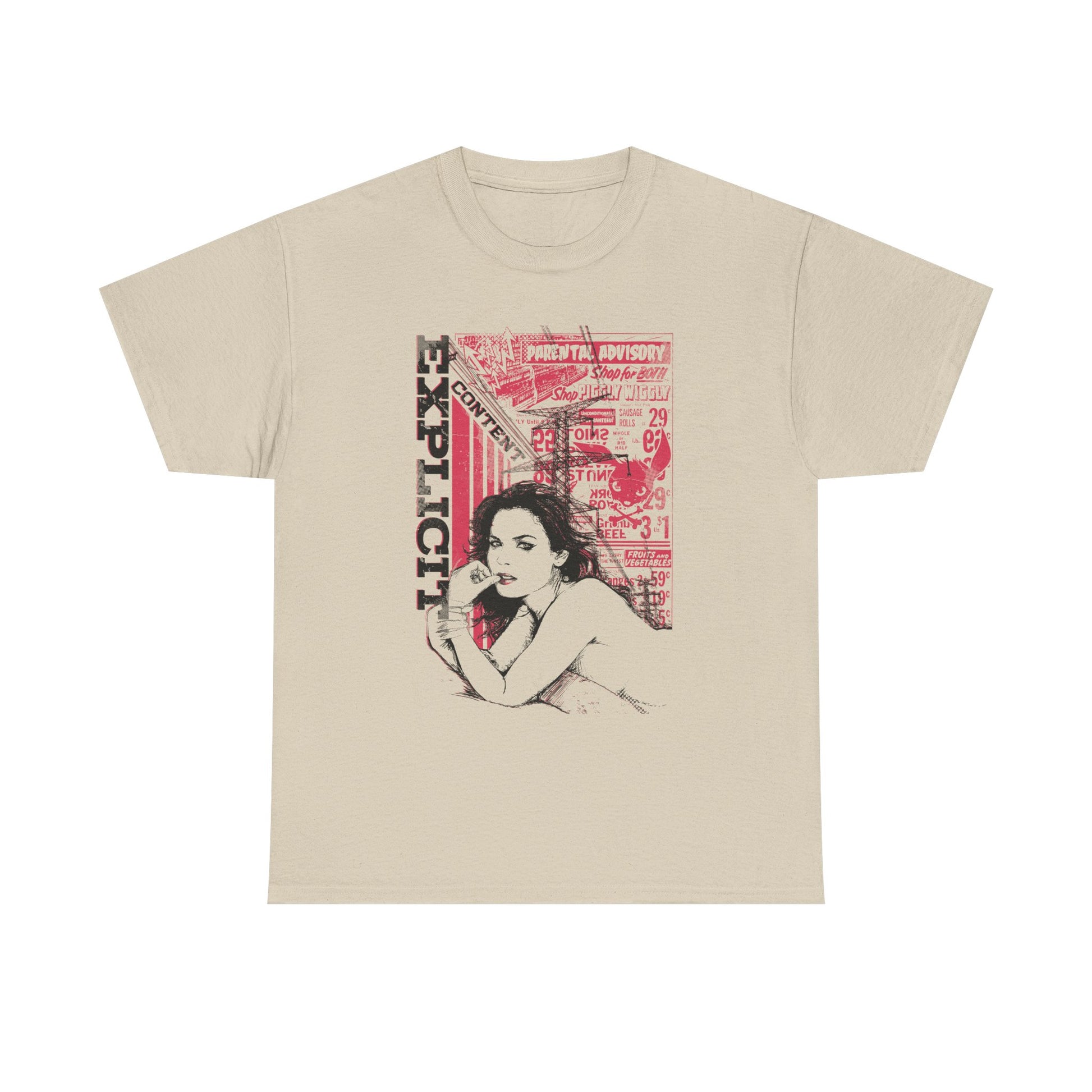 Stylish beige vintage-inspired graphic t-shirt featuring bold 'EXPLICIT' text and a captivating illustration of a woman, perfect for the adventurous spirit.