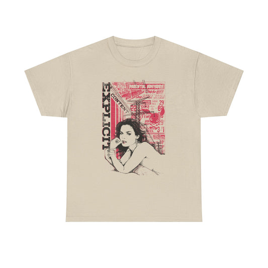 Stylish beige vintage-inspired graphic t-shirt featuring bold 'EXPLICIT' text and a captivating illustration of a woman, perfect for the adventurous spirit.