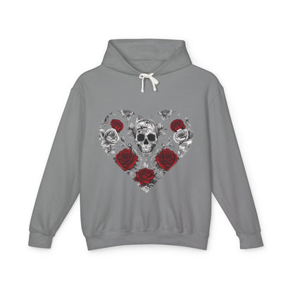 Elegant Unisex Lightweight Hooded Sweatshirt with a captivating skull and roses design, presented in a minimalist backdrop.