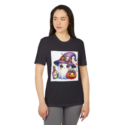 Adidas Unisex Halloween Party Ghost Cute T-shirt featuring a charming ghost design in a stylish witch hat, complemented by Halloween elements, perfect for festive occasions. Available in 9 vibrant colours, ideal for elegant Halloween celebrations.