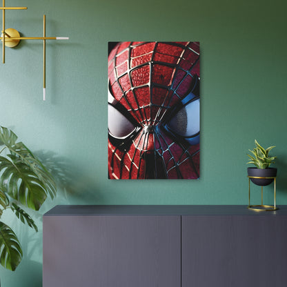 Spider-Man Metal Wall Art Poster displayed on a green wall, featuring a close-up of Spider-Man's mask in sleek matte aluminium, adding a luxurious touch to modern decor.