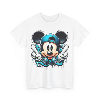 Front view of a stylish unisex Mickey Mouse Graffiti Graphic T-Shirt showcasing a vibrant design of Mickey Mouse with teal baseball cap and headphones.