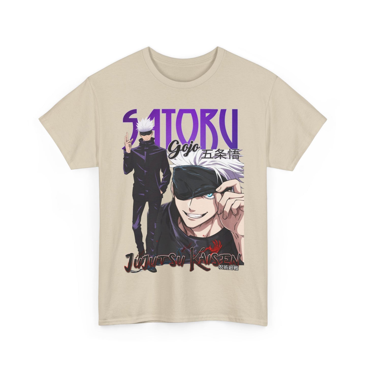 Front view of an elegant beige t-shirt featuring the captivating Gojo Satoru graphic design from Jujutsu Kaisen, combining style and anime culture.