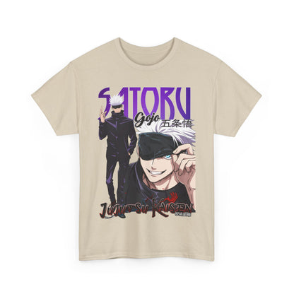 Front view of an elegant beige t-shirt featuring the captivating Gojo Satoru graphic design from Jujutsu Kaisen, combining style and anime culture.