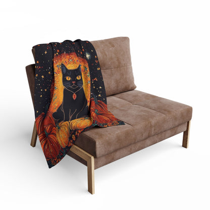 Luxurious Decorative and Warm Halloween Spooky Arctic Fleece Blanket draped over a stylish chair, featuring an enchanting black cat and pumpkins design.