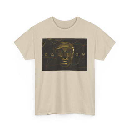 Squid Game Unisex Men´s Women´s Graphic Cotton Funny T Shirt, featuring a striking design inspired by the hit series, showcasing a digitally rendered face against a geometric background in a luxurious beige hue.