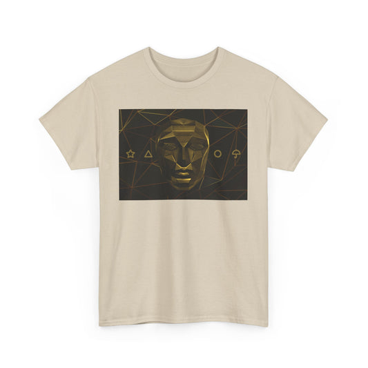 Squid Game Unisex Men´s Women´s Graphic Cotton Funny T Shirt, featuring a striking design inspired by the hit series, showcasing a digitally rendered face against a geometric background in a luxurious beige hue.
