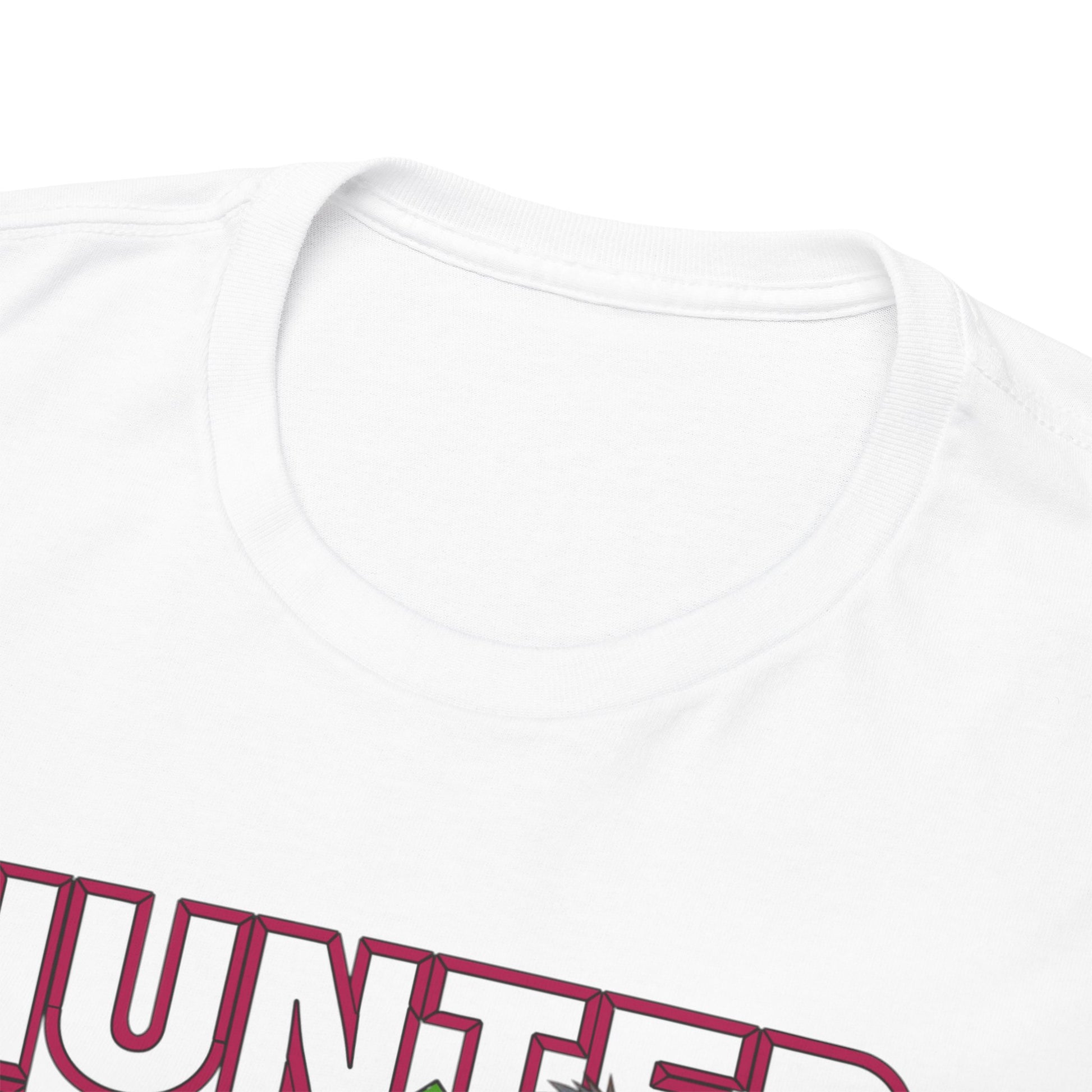 Close-up view of the neckline of the premium Hunter x Hunter T-Shirt, emphasizing its high-quality material and luxurious finish, designed for comfort and style.