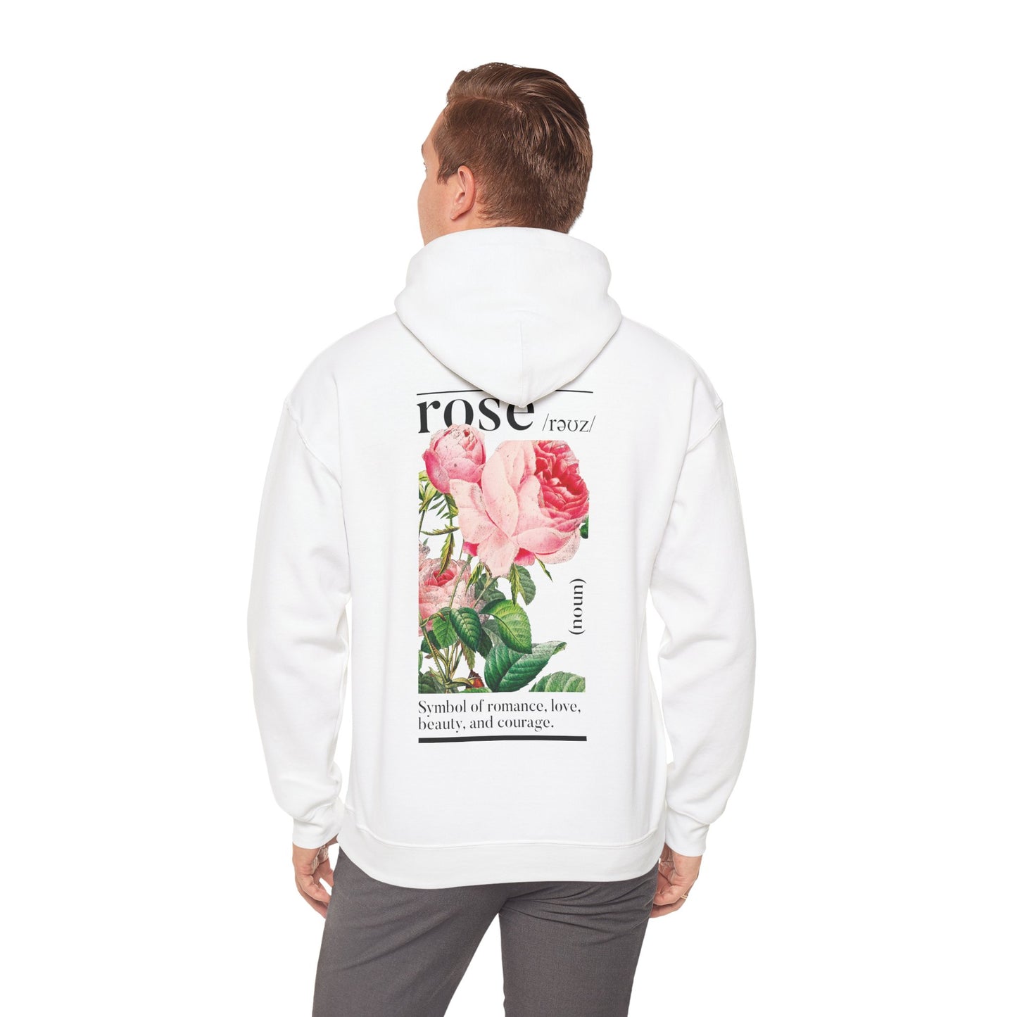 Sophisticated male model wearing a white hoodie with a stunning back print of botanical roses, symbolising romance and beauty, ideal for casual yet stylish outings.