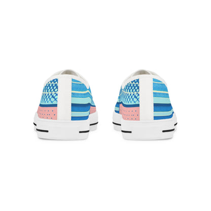 Back view of Zoe Zapstride Pop Art Men's Lowtop Sneakers displaying intricate design details in blue and pastel pink, perfect for adding flair to any outfit.