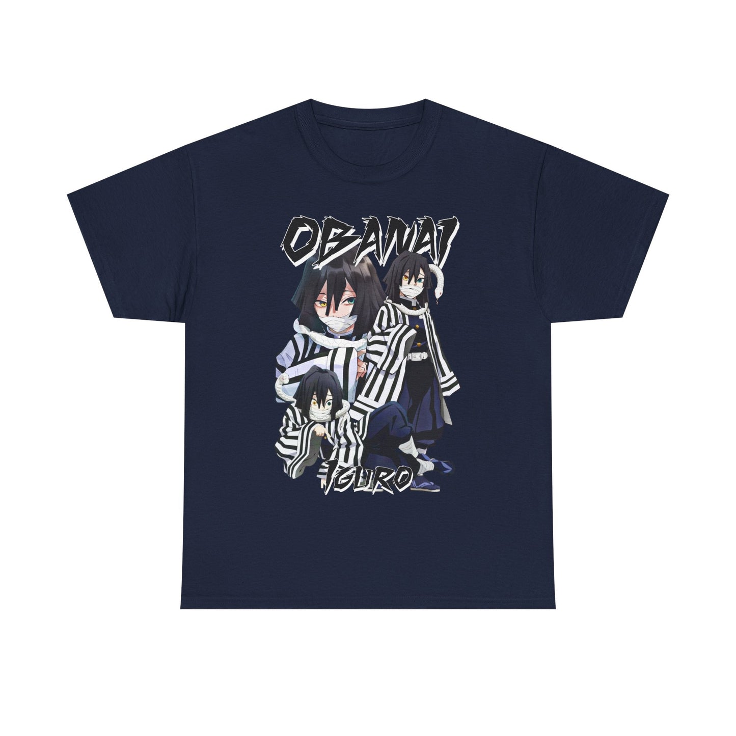 Sophisticated navy T-shirt with a stunning illustration of Obanai Iguro from Demon Slayer, designed for anime aficionados seeking style and comfort in their wardrobe.