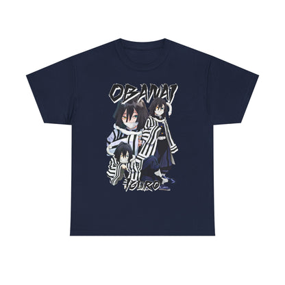 Luxurious Obanai Iguro T-shirt featuring a stunning graphic of the character in dark tones, perfect for anime enthusiasts seeking elegant casual wear.
