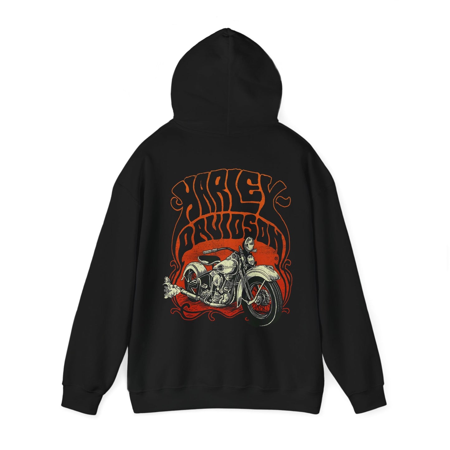 Elegant black hoodie featuring an iconic Harley Davidson motorcycle design on the back, encapsulating the spirit of freedom and adventure.