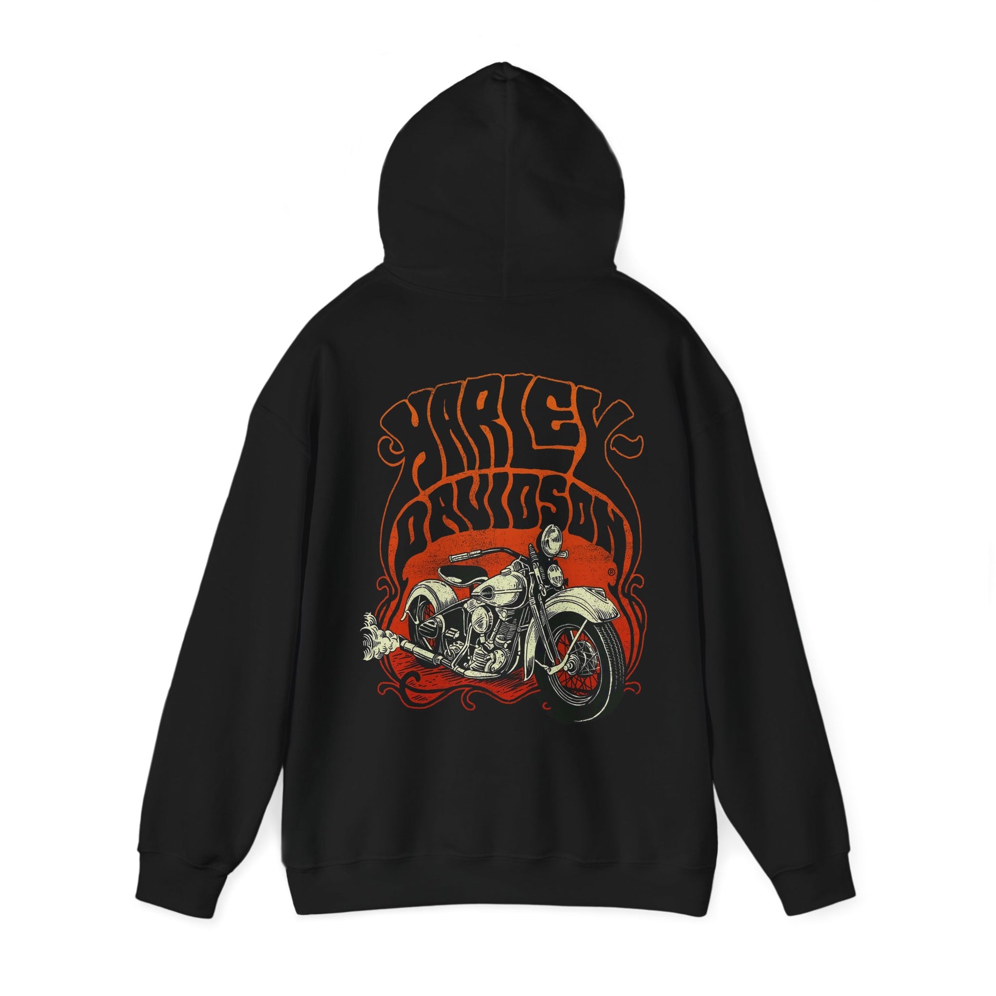 Elegant black hoodie featuring an iconic Harley Davidson motorcycle design on the back, encapsulating the spirit of freedom and adventure.