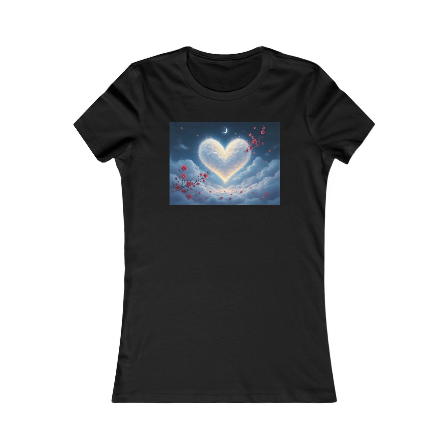 Ethereal Heart: The Dreamy Cloud Women's Cotton T Shirt Tee featuring an enchanting heart-shaped cloud design surrounded by delicate cherry blossom petals, set against a tranquil night sky with a crescent moon.