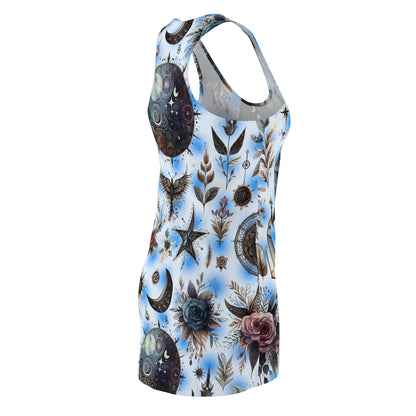 Chic Women's Designer Racerback Dress showcased from a side angle, illustrating the beautiful blue pattern with floral and celestial embellishments, ideal for stylish summer events.