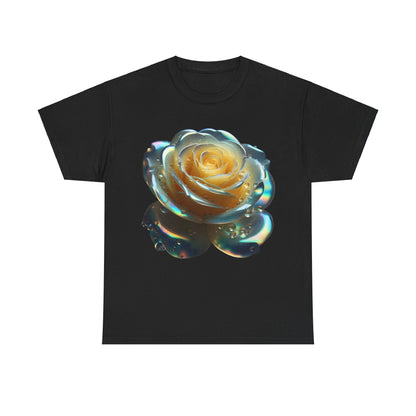 Ethereal Rose Tee Unisex Cotton Graphic T-Shirt featuring a stunning design of a stylised rose with iridescent droplets on a black backdrop, highlighting exquisite craftsmanship.