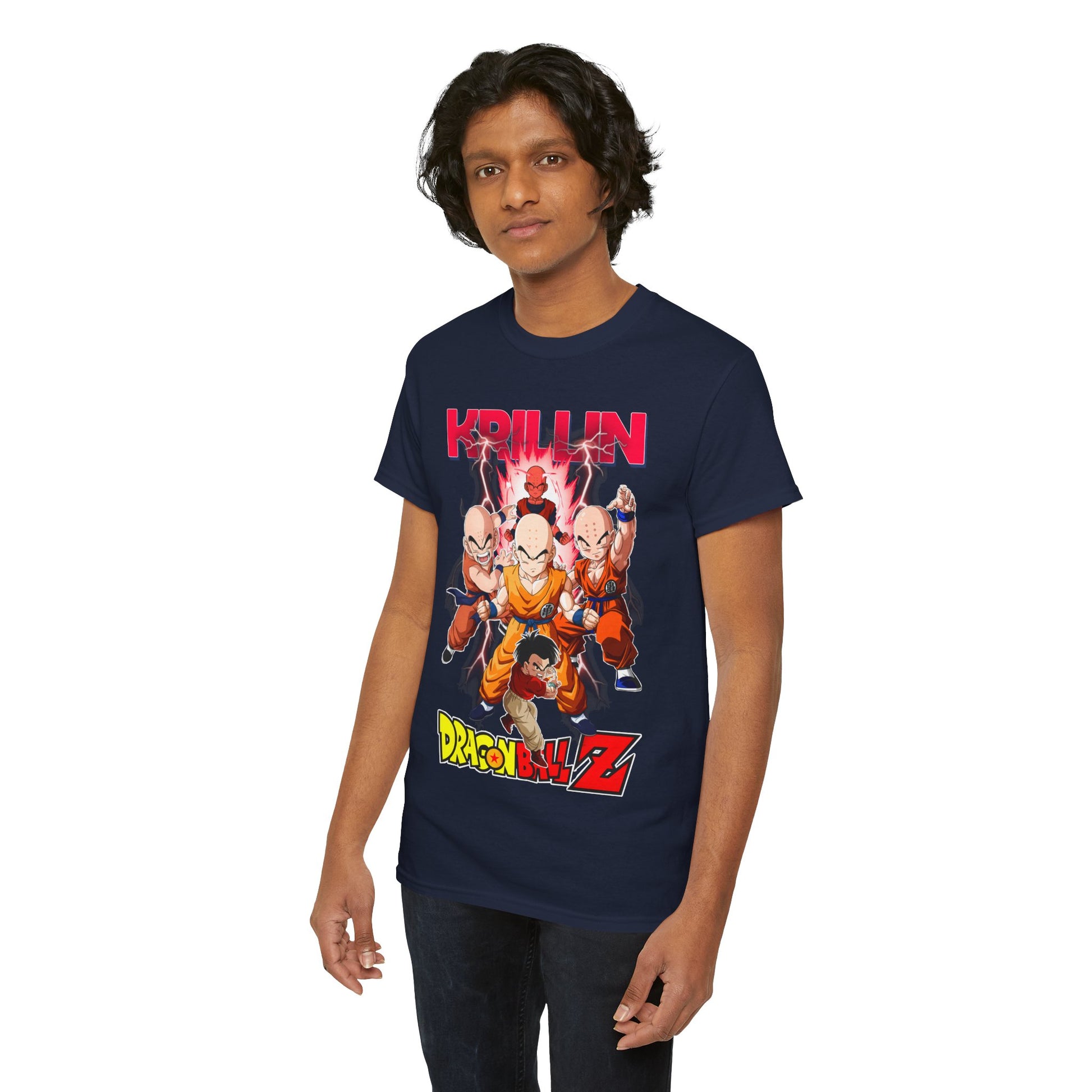 Another stylish model showcasing the navy Dragon Ball Z T-shirt with the impressive Krillin design, highlighting contemporary fashion.