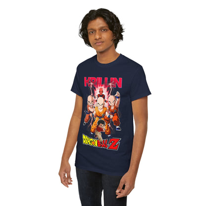 Another stylish model showcasing the navy Dragon Ball Z T-shirt with the impressive Krillin design, highlighting contemporary fashion.