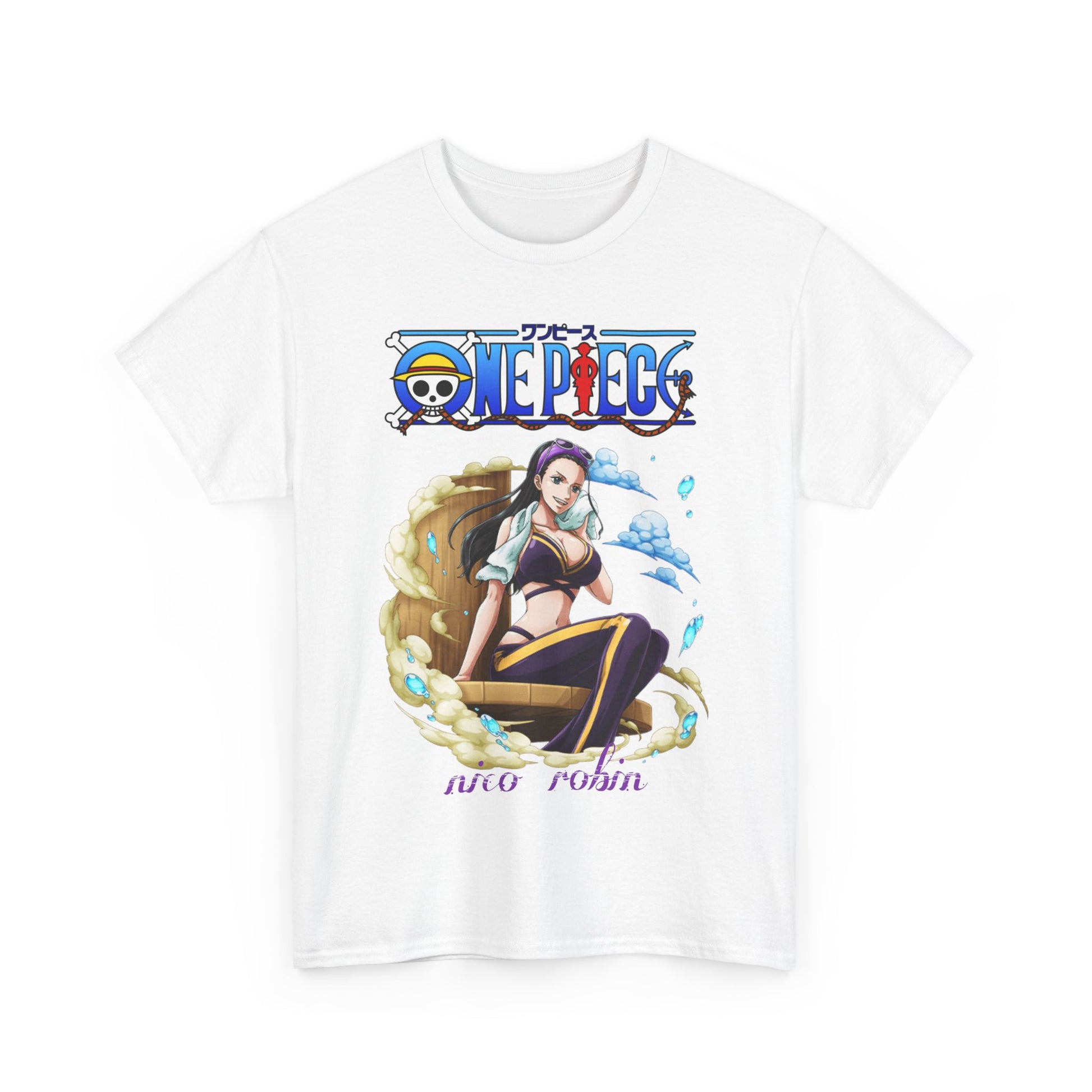 Chic white men's t-shirt adorned with a dynamic illustration of Nico Robin from One Piece, emphasising a luxurious design suitable for casual wear.