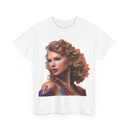 Front view of the Swifties psychedelic Taylor Swift Heavy Cotton Tee featuring a vibrant and artistic depiction of Taylor Swift, designed for loyal fans.