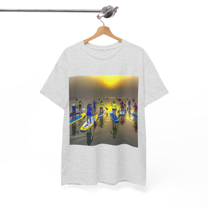 Chic and stylish paddleboarding scene T-shirt, designed by Dazzling Dreams Studio for luxury wear.