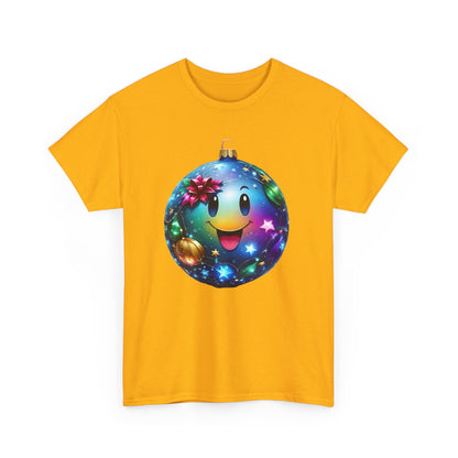Front view of the festive yellow Festive Cheer Christmas Bauble Unisex Cotton T-Shirt Graphic Tee featuring a playful ornament design, ideal for holiday cheer.