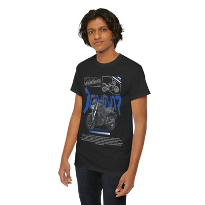 Smiling individual wearing a premium black Dominar 400 Men's T-shirt, designed with bold motorcycle imagery, epitomising style and adventure.