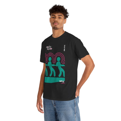 Luxury unisex graphic t-shirt featuring a Squid Game design, showcasing vibrant illustrations in teal and pink on a classic black background, perfect for making a bold fashion statement.