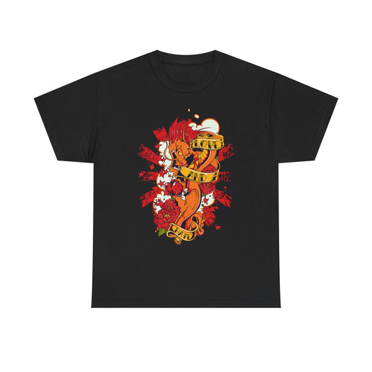 Elegant black men's t-shirt showcasing a striking dragon graphic intertwined with floral motifs and the bold text 'LOVE AND', evoking a sense of adventure and artistic flair.