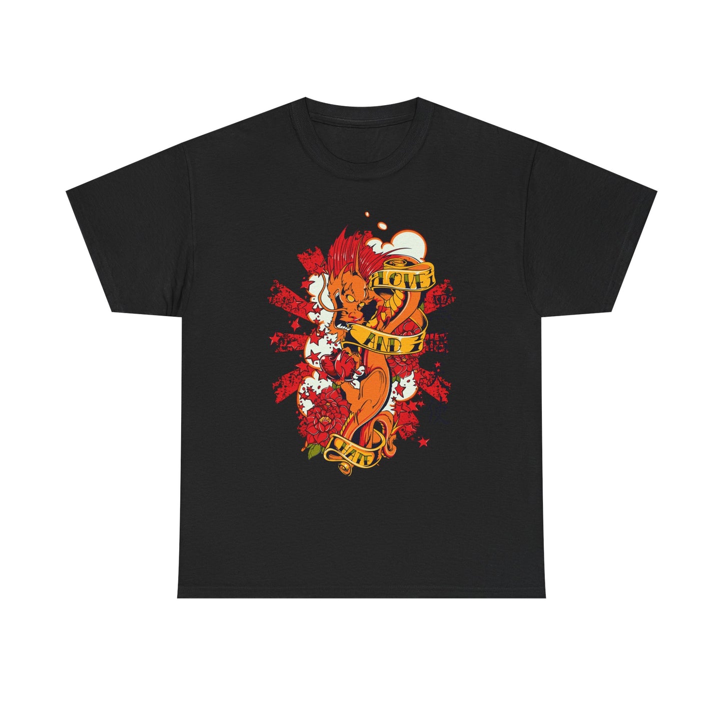 Fiery Dragon Men's T-Shirt in black showcasing striking artwork of a dragon with fiery orange hues and red details, complemented by intricate floral designs and bold text banners reading "LOVE AND", perfect for those seeking a unique and fashionable statement.