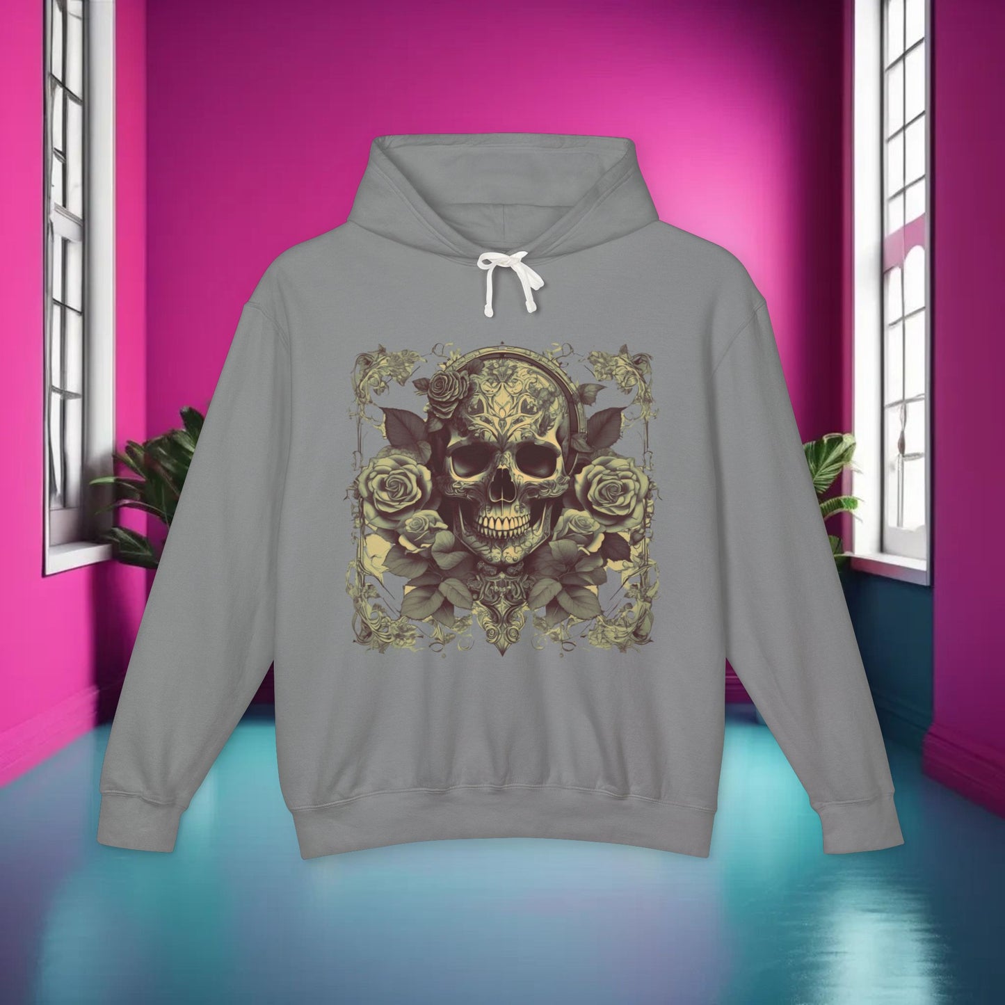 Unisex Lightweight Hooded Sweatshirt unique designer skull and roses