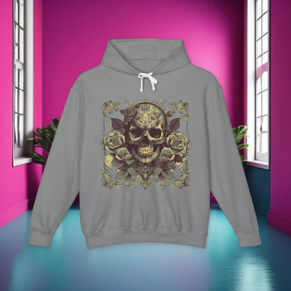 Elegant Unisex Lightweight Hooded Sweatshirt with a prominent skull and roses motif, presented in a sophisticated and colorful interior backdrop.