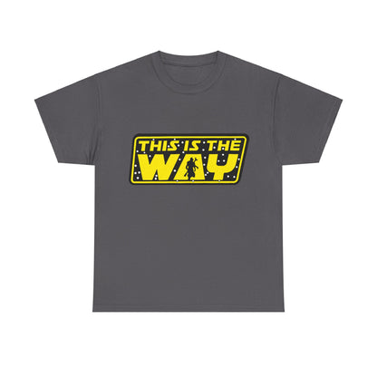 Mandalorian Star Wars 'This is the Way' logo graphic unisex tee shirt in a stylish grey colour, showcasing elegant minimalism for fans.
