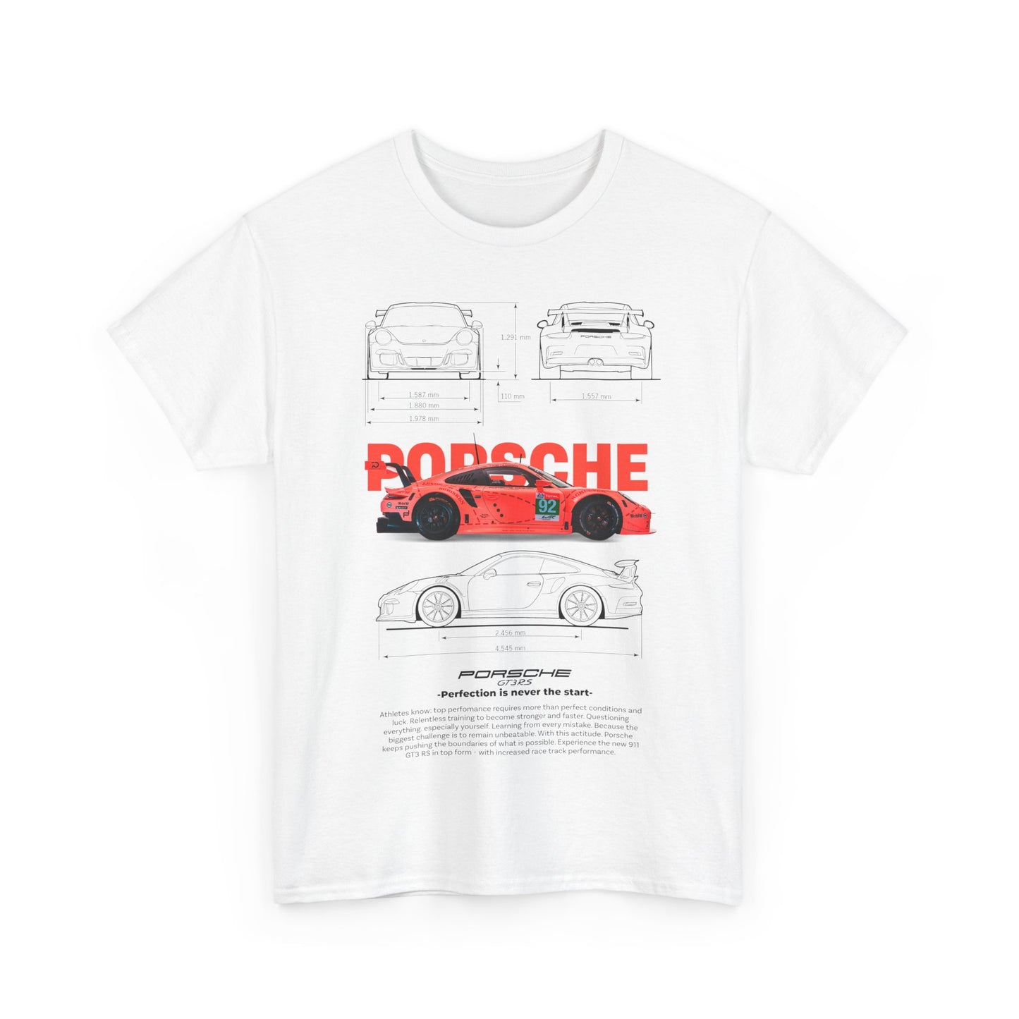 Elegant white men's t-shirt featuring a vibrant coral-pink Porsche race car graphic alongside detailed technical illustrations and an empowering message, perfect for automotive lovers.